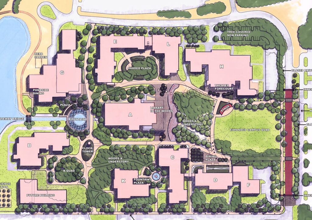 When hired by the college, we were told the school wanted potential students to see the campus and say “I like it, I can see myself here”. We developed a campus-wide master plan to achieve a beautiful setting for staff, faculty, and students.